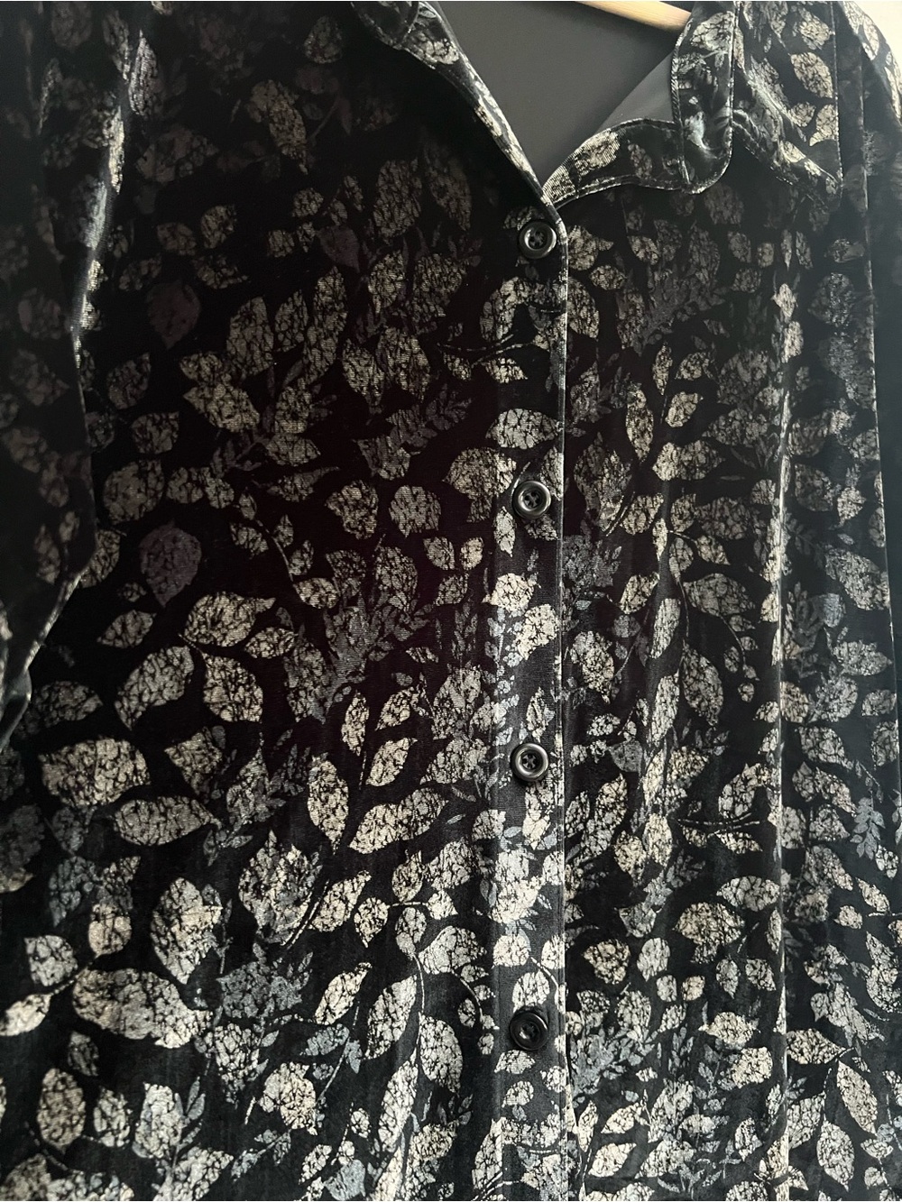 Denim & Co Velvet Leaf Print Button Down Blouse - Picture 2 of 9